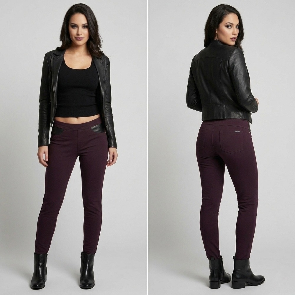 DKNY‎ Jeans Womens XS Burgundy Plum Faux Leather Trim Pull On Leggings Pants